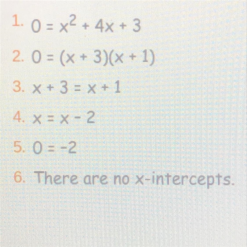 Mathieu is finding the x-intercepts of the function f(x)=x^2+4x+3. His world is shown-example-1