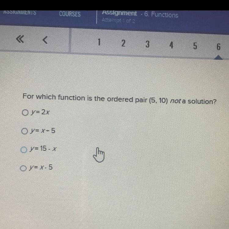 For which function is the ordered pair (5,10) not a solution ?-example-1