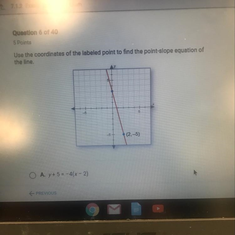 Use the coordinates of the labeled point to find the point-slope equation of the line-example-1