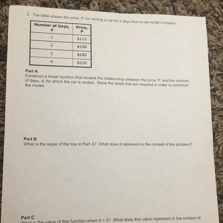 The table shows the price p, for renting for a d days from a car rental company?-example-1