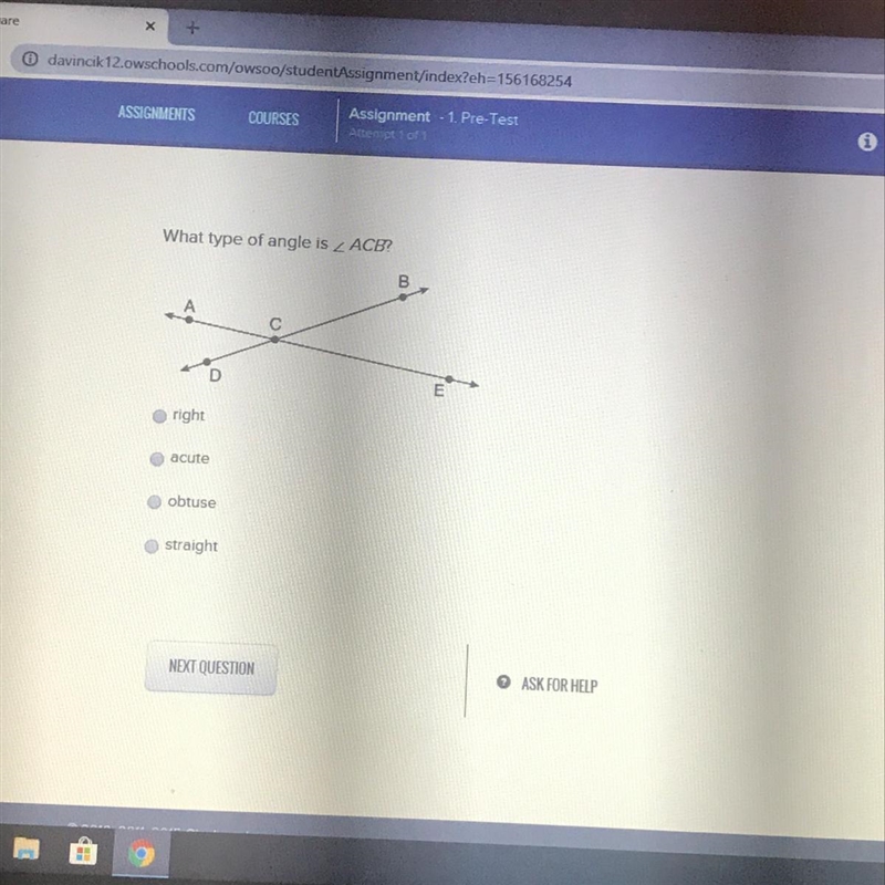 What type of angle is _ ACB? right acute obtuse straight-example-1