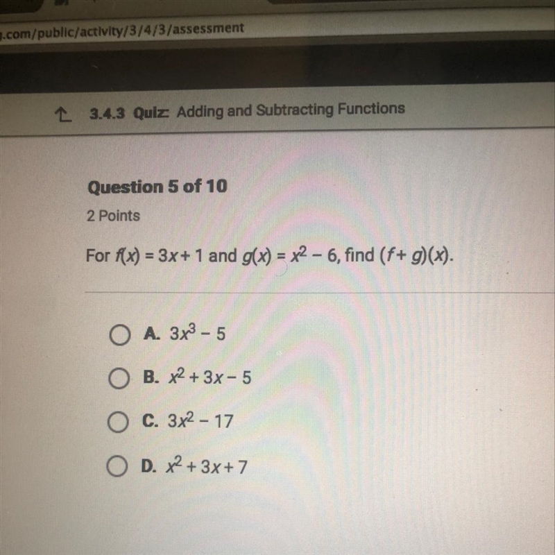 For x(x) = 3x+ 1 and g(x) = x2 - 6, find (f+9)(x).-example-1