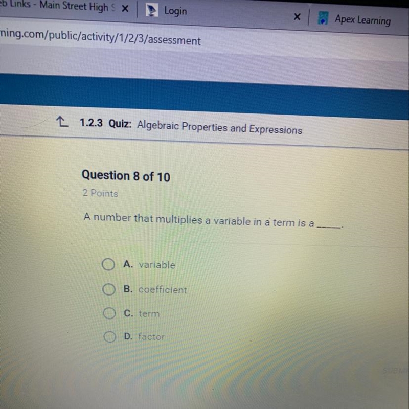 A number that multiplies a variable in a term is a ___.-example-1