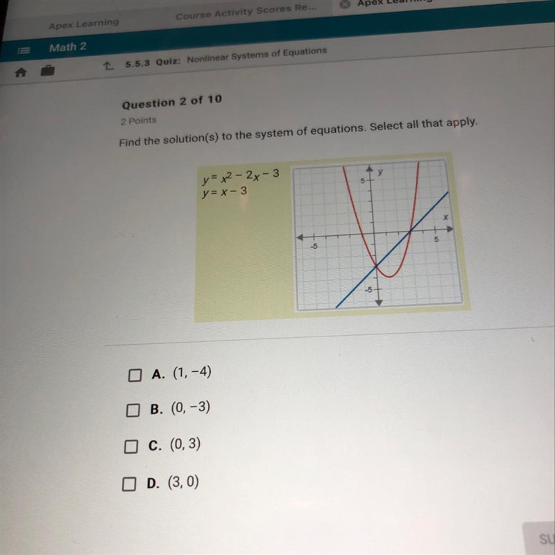 Find the solution to the system of equations. Select all that apply. Y=x^2-2x-3. Y-example-1