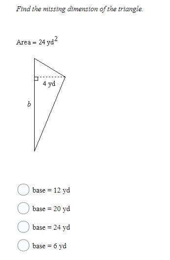 10 points Find the missing dimension of the triangle. Area= 24yd^2-example-1