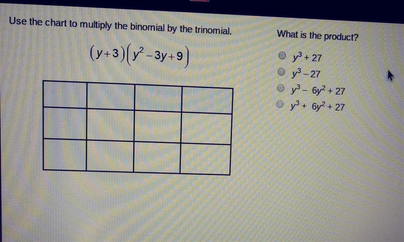 (y+3)(y2 – 3y+9) What is the product?​-example-1