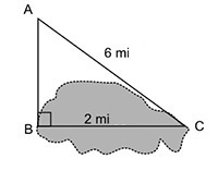 The figure shows the location of three points around a lake. The length of the lake-example-1