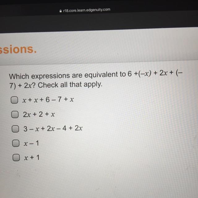 Which expressions are equivalent to 6+(-x)+2x+(-7)+2x?-example-1