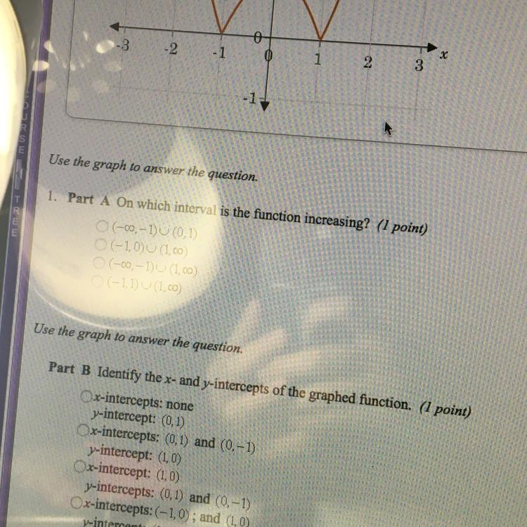 Part B. Identify the x and y intercepts of the graphed function.-example-1