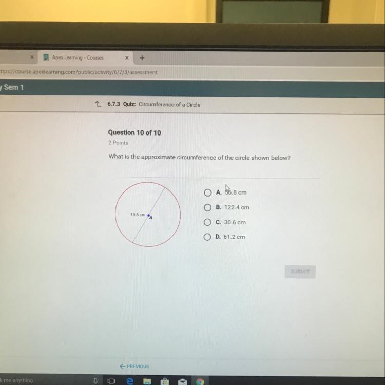 What is the approximate circumference of the circle shown below?-example-1