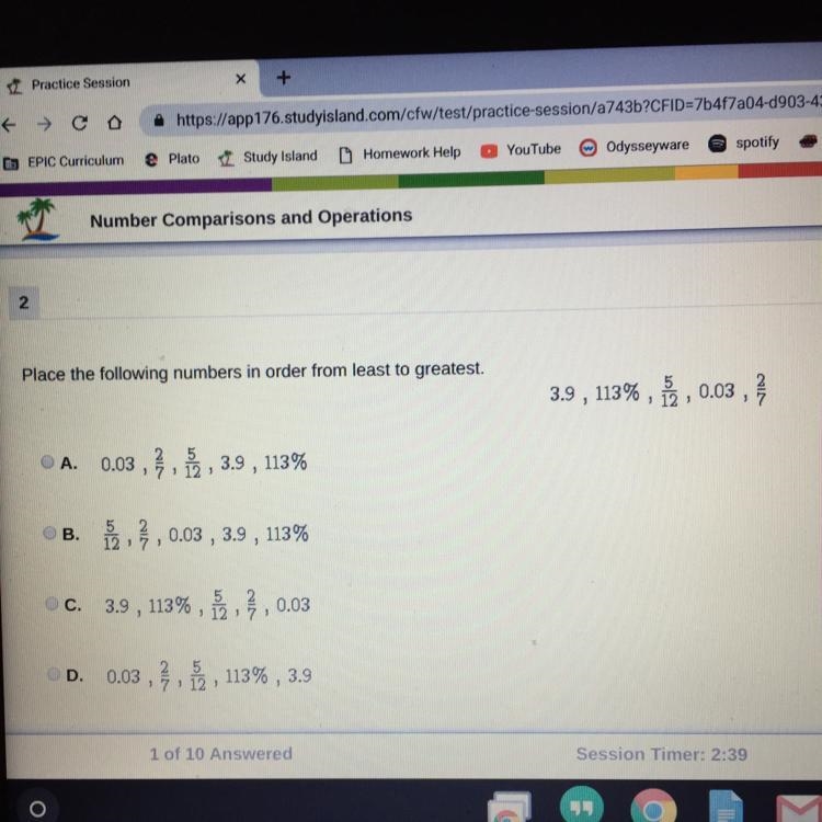 Place the following numbers in order from least to greatest. 3.9 , 113% , , 0.03 , A-example-1