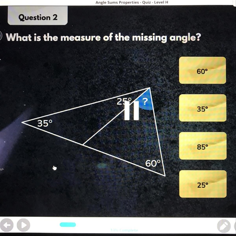 What is the measure of the missing angle?-example-1