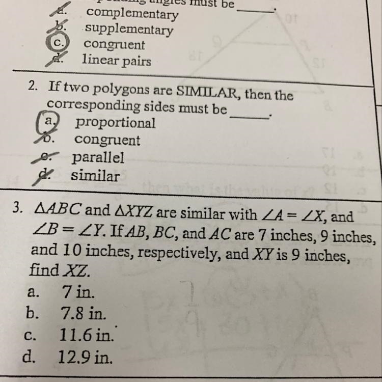 If AB,BC, and AC are 7 inches, 9 inches, and 10 inches, respectively, and XY is 9 inches-example-1