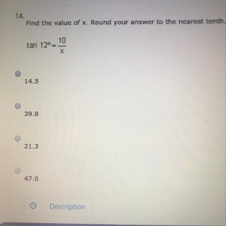 Tan 12degrees = 10/x find the value of x.-example-1