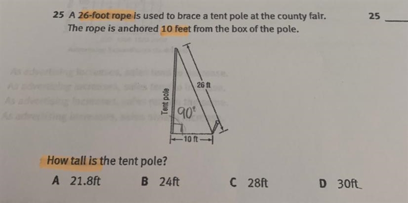 A 26 foot rope is used to brace a tent pole at the county fair. the rope is anchored-example-1