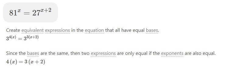 Can somebody explain to me how they got 3^4(x) = 3^3(x+2)? Then explain what happened-example-1