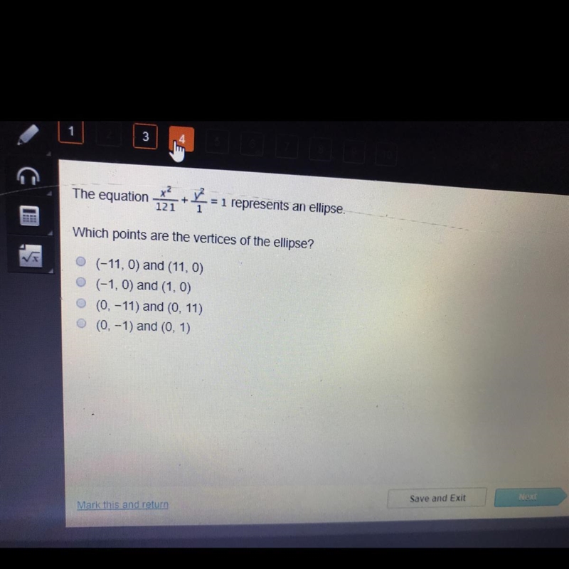 The equation x^2/121 + y^2/1. what points are the vertices of the eclipse-example-1