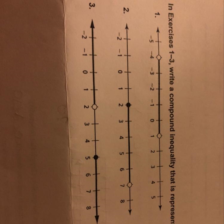 Write a compound inequality that the graph could represent. All three please.-example-1