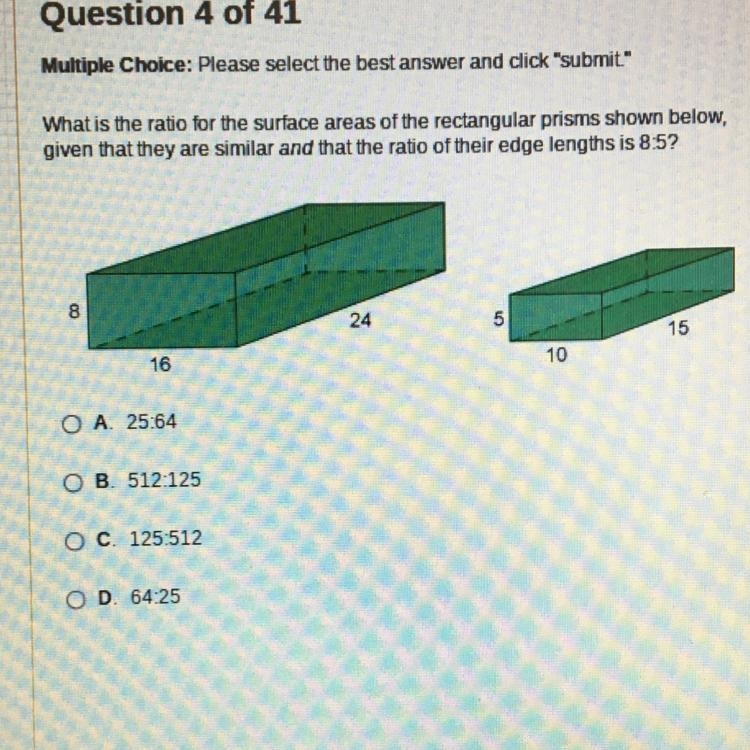 What is the ratio for the surface areas of the rectangular prisms shown below, given-example-1