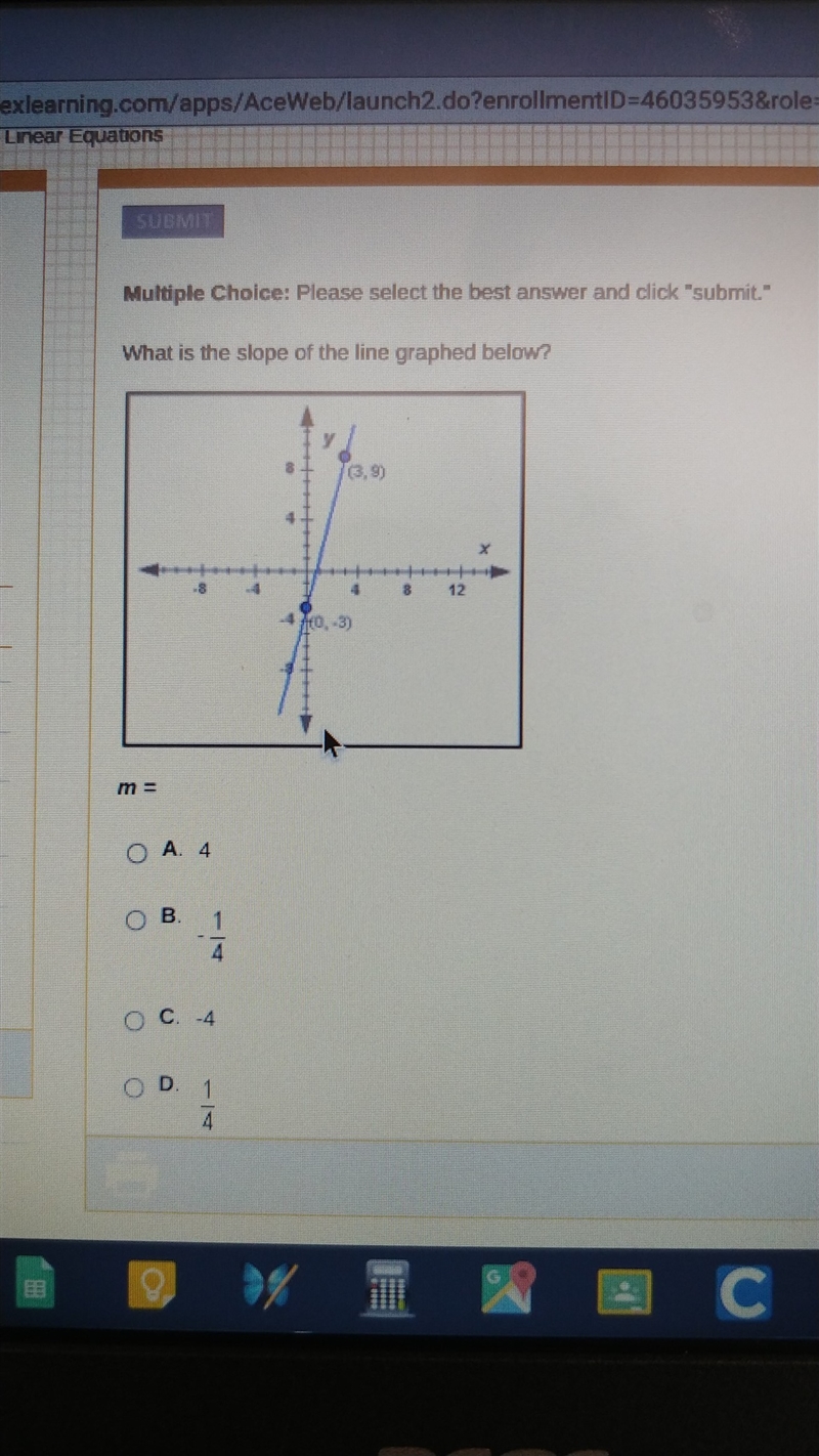 What is the slope of the line graphed (3,9) and (0,-3)-example-1