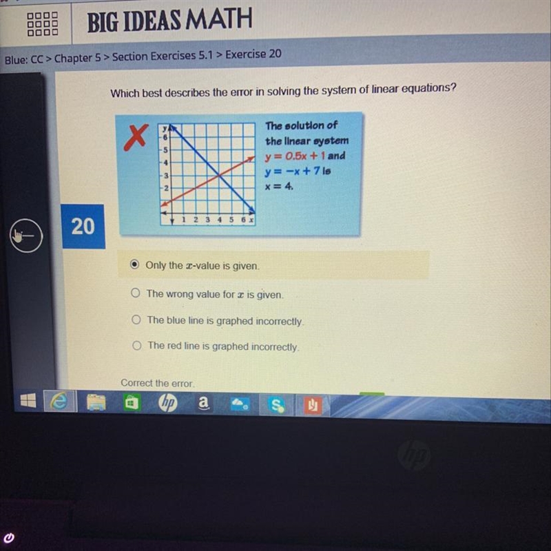 Which best describes the error in solving the system of linear equations-example-1