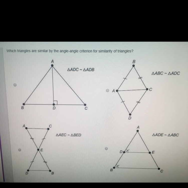 Which triangles are similar by the angle-angle criterion for similarity of triangles-example-1