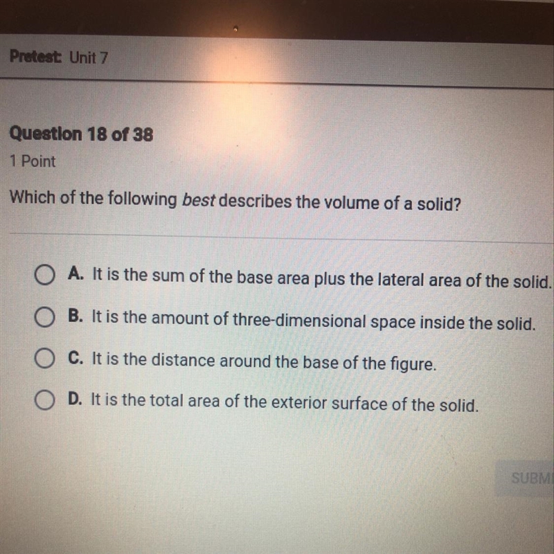 Which of the following best describes the volume of a solid-example-1