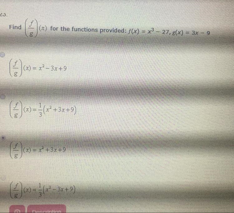 Find f/g for the functions provided. 10 points Help needed.-example-1