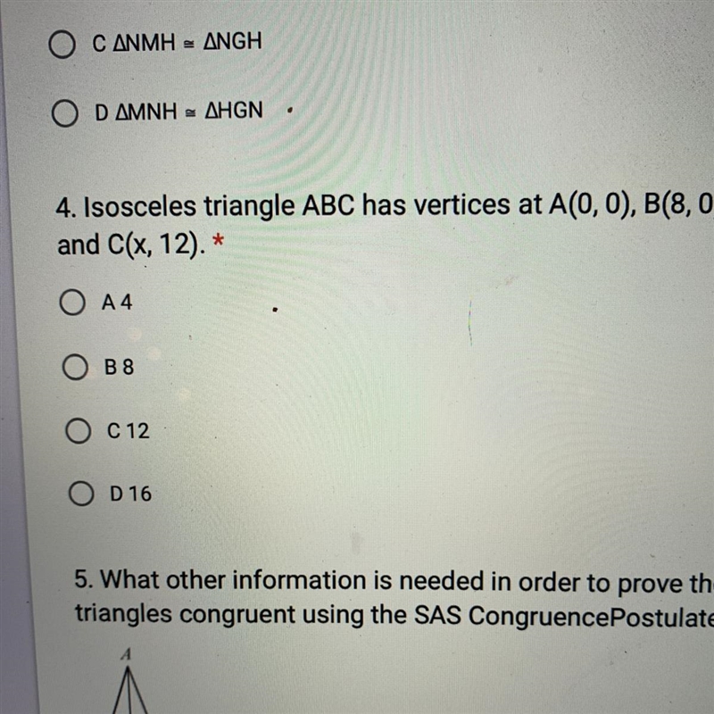 Number 4. Isosceles triangle ABC has vertices at A(0,0), B(8,0), and C(x,12)-example-1