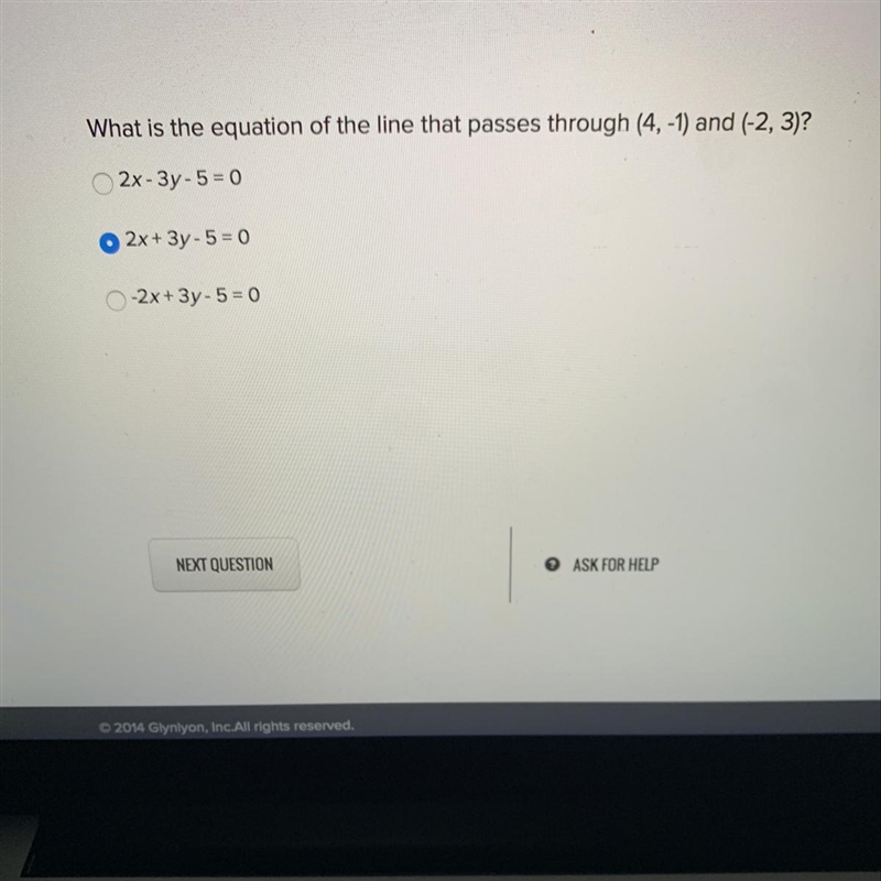 What is the equation of the line that passes through (4,-1) and (-2,3)-example-1