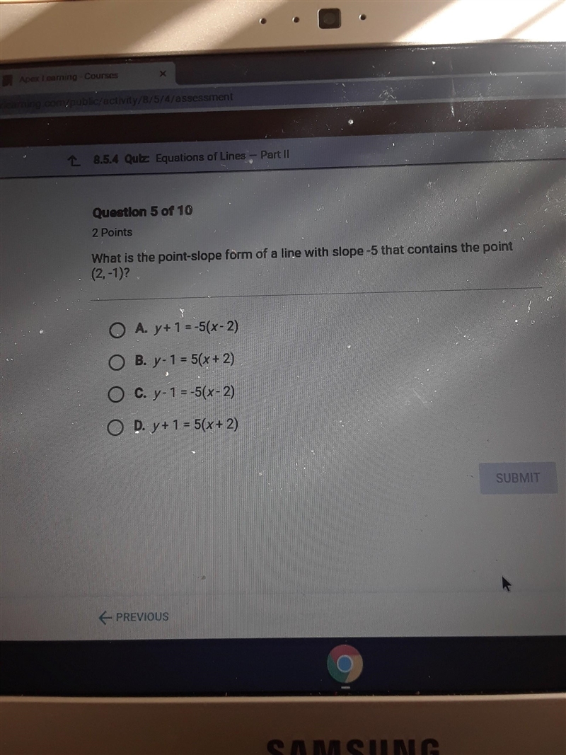 what is the slope of the line below is -5. which of the following is the point-slope-example-1