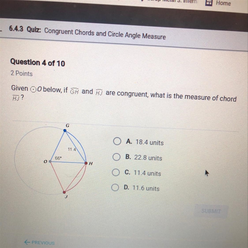 Given O below, if GH and HJ are congruent, what is the measure of chord HJ-example-1