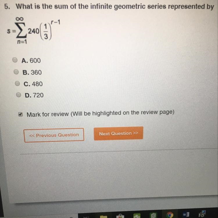 What is the sum of the infinite geometric series represented by? A. 600 B. 360 C. 480 D-example-1