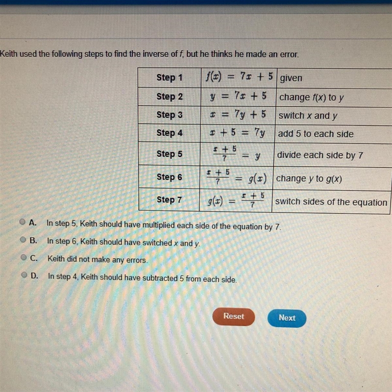 Keith used the following steps to find the inverse off, but he thinks he made an error-example-1