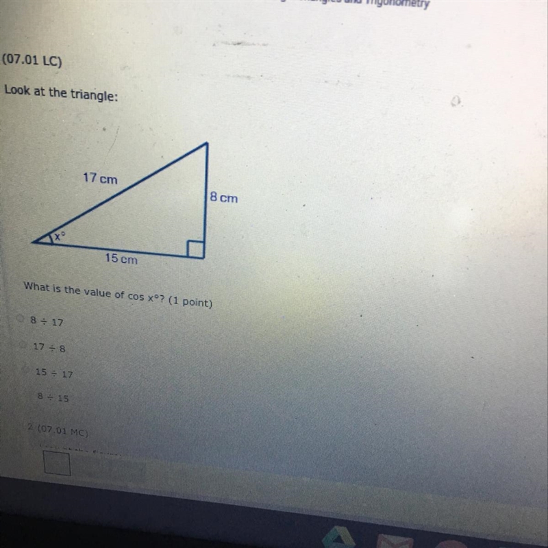 ..(07.01 LC) Look at the triangle: What is the value of cos xº? (1 point)-example-1