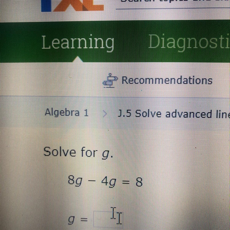 Solve for g. 89 - 49 = 8 Help-example-1