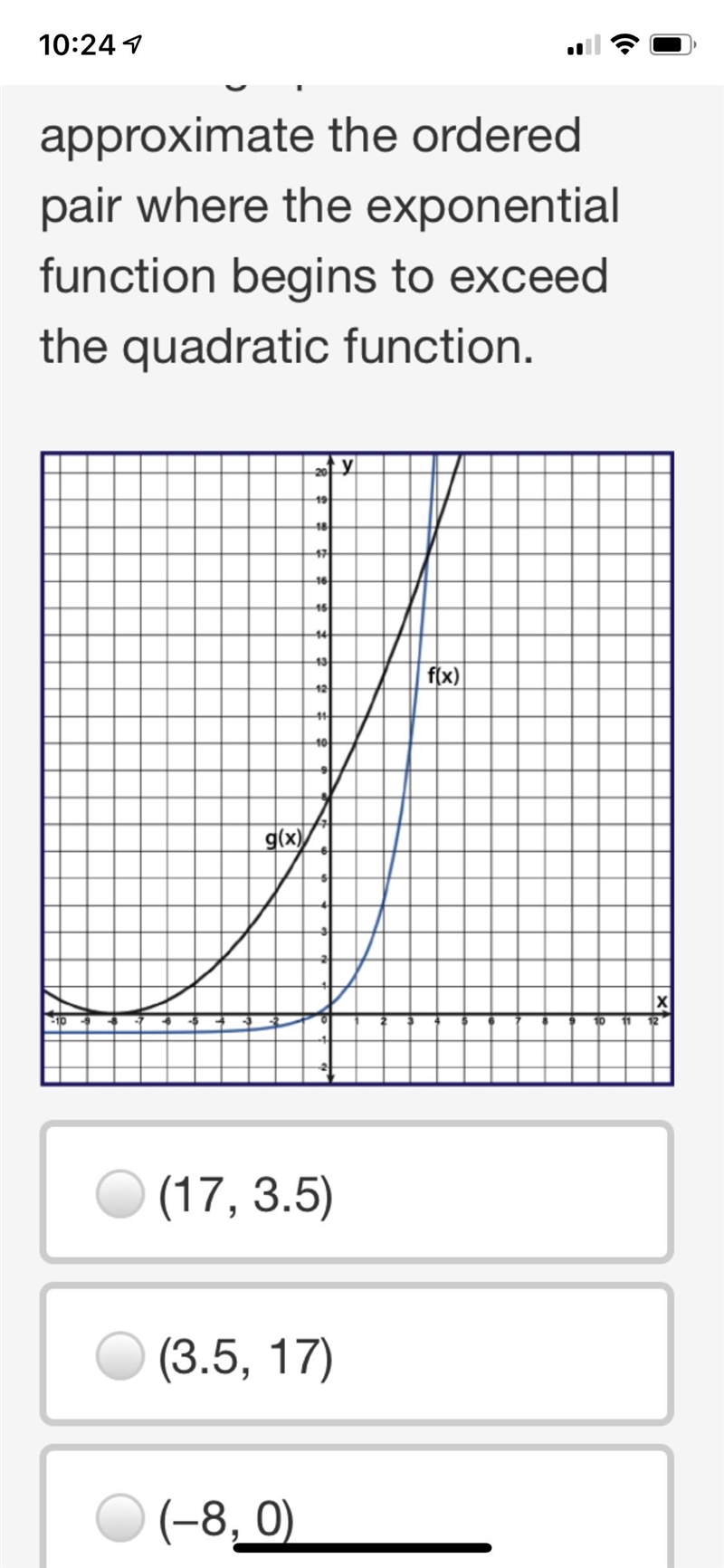 Use the graph to approximate the ordered pair where the exponential function begins-example-1