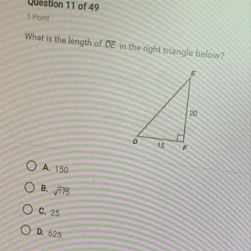 What is the length of DE in the right triangle below-example-1