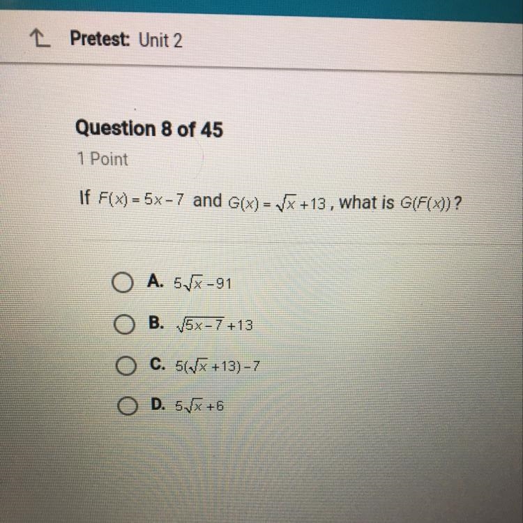 If F(x) = 5x - 7 and G(x) = {x+13, what is G(F(x))?-example-1