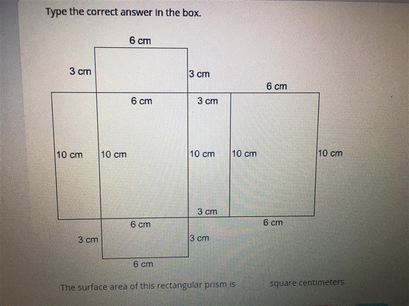 The surface area of this rectangular prism is __ square centimeters.-example-1