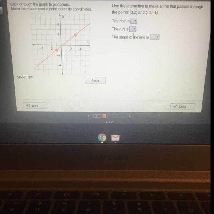 Use the interactive to make a line that passes through the points (3,2) and (-1,-1). The-example-1