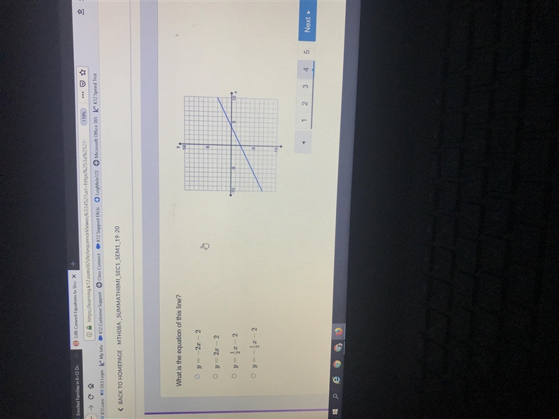 T is the equation of this line? y = - 2x - 2 y = 2x - 2 y = 1/2 * x - 2 y = - 1/2 * x-example-1