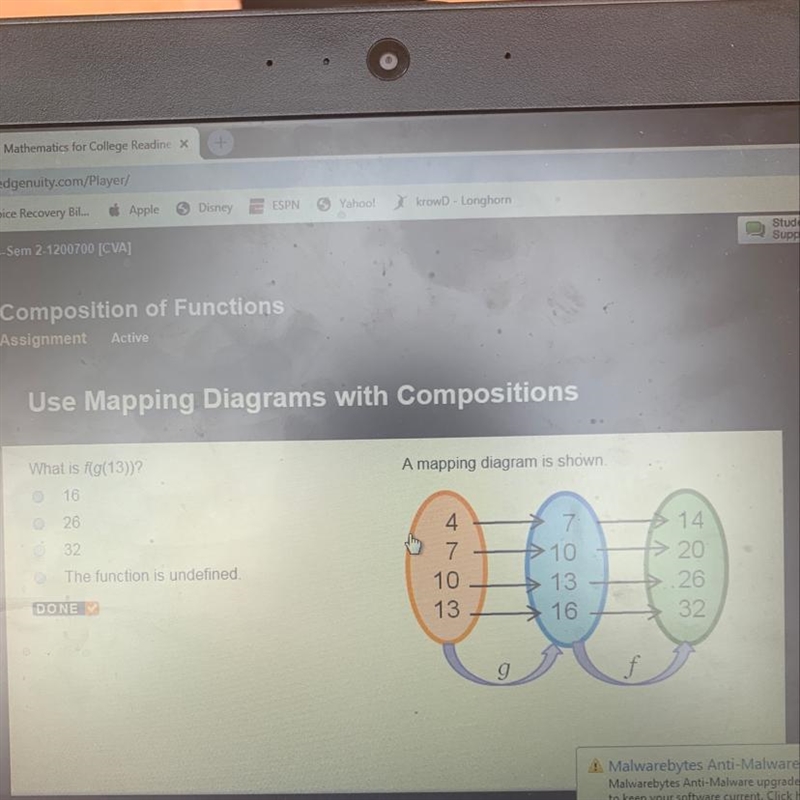 What is f(g(13))? A mapping diagram is shown-example-1