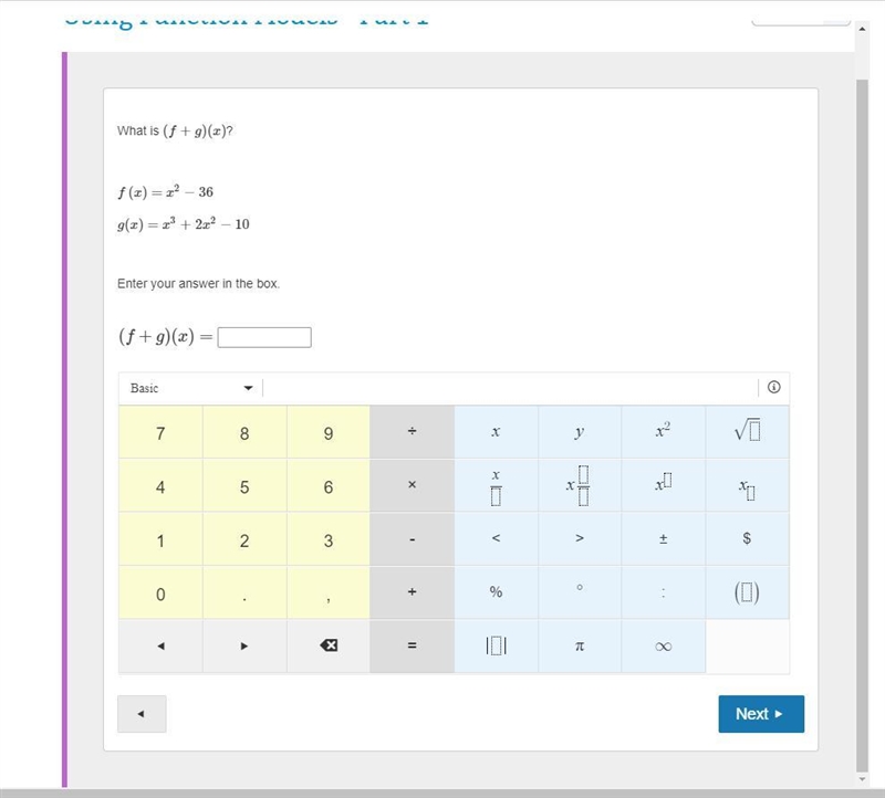 What is (f+g)(x)? f(x)=x^2−36 g(x)=x^3+2x^2−10 Enter your answer in the box.-example-1