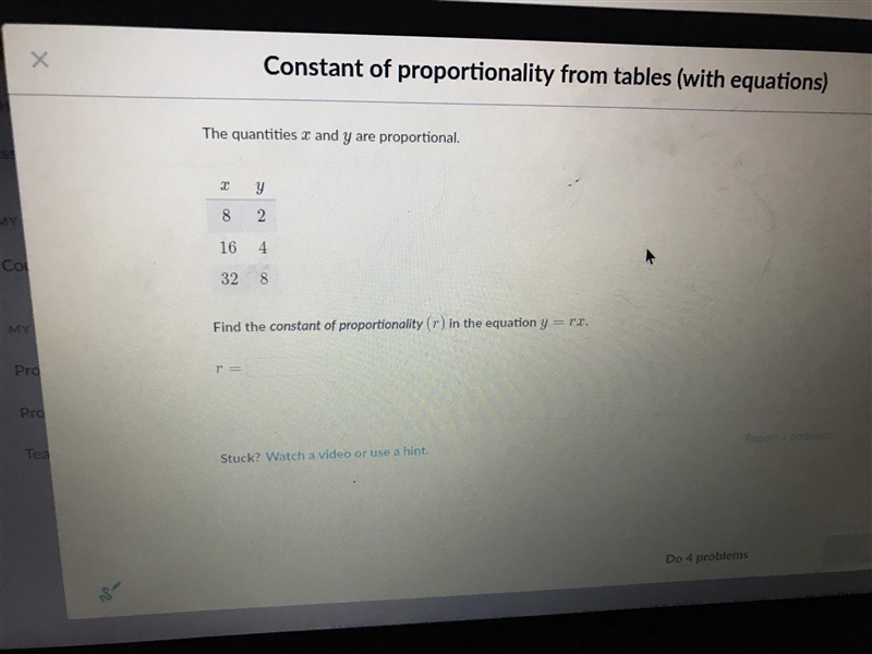 The quantities of x and y are proportional. Find the constant of proportionality (r-example-1