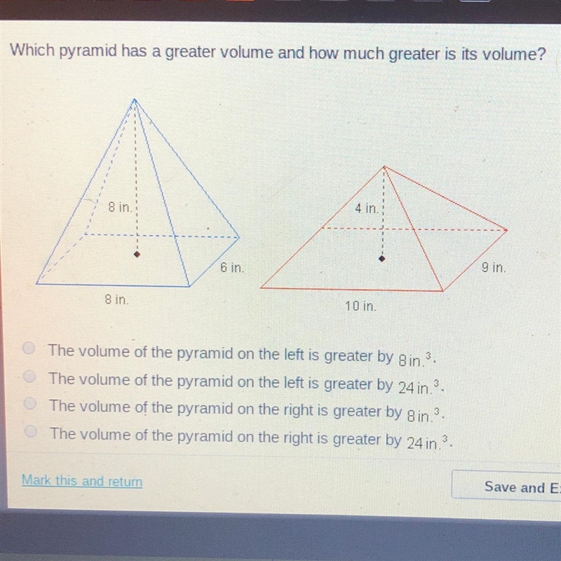 Which pyramid has a greater volume and how much greater is its volume?-example-1