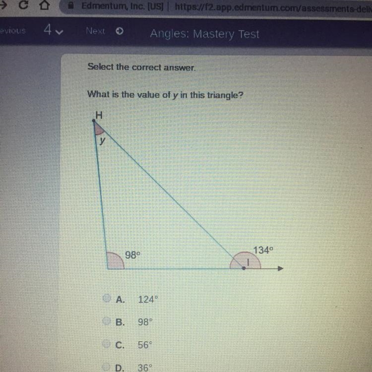 Select the correct answer. What is the value of y in this triangle?-example-1