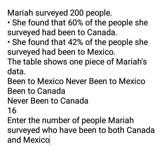 Mariah surveyed 200 people. • She found that 60% of the people she surveyed had been-example-1