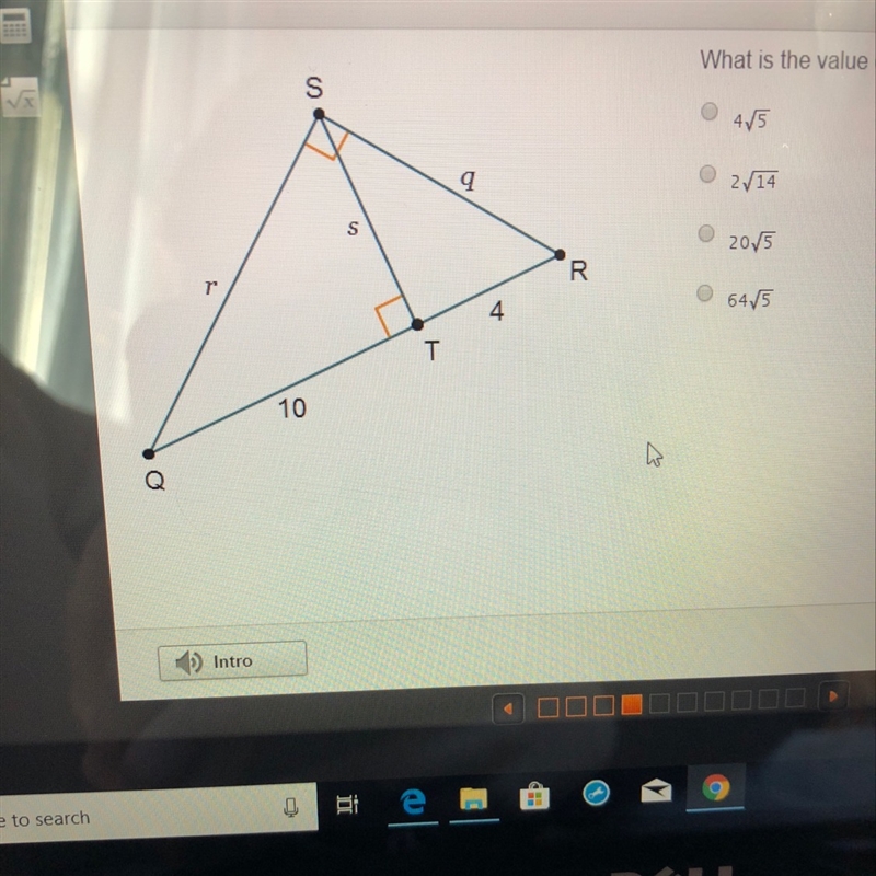 Applying the geometric mean(Leg) theorem what is the value of q?-example-1