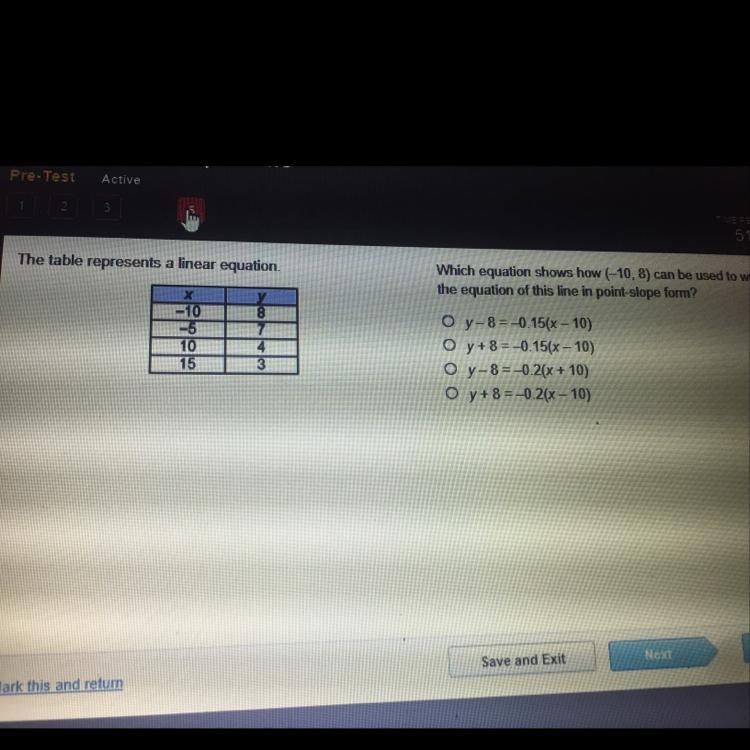 The table represents a linear equation.which equation shows how (-10,8) can be used-example-1